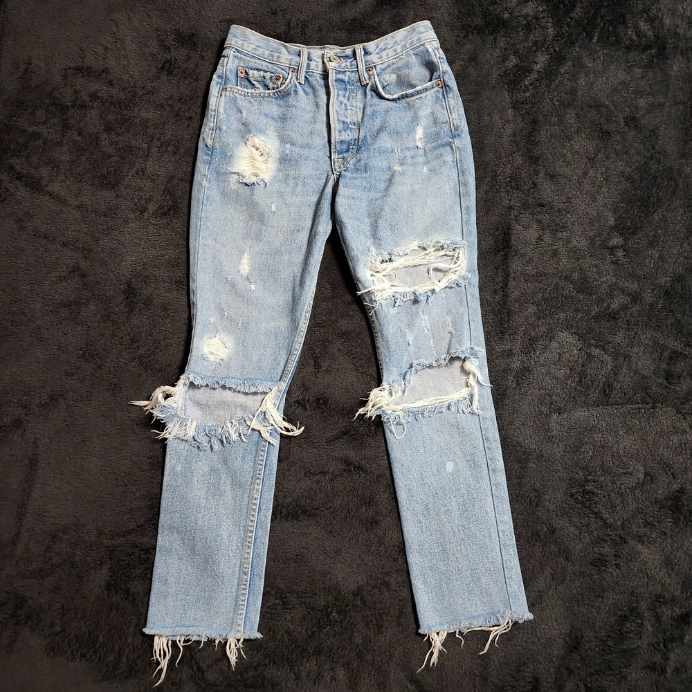 Grlfrnd Womens Karolina Torn Ripped Straight Leg Button Fly Jeans Size 23